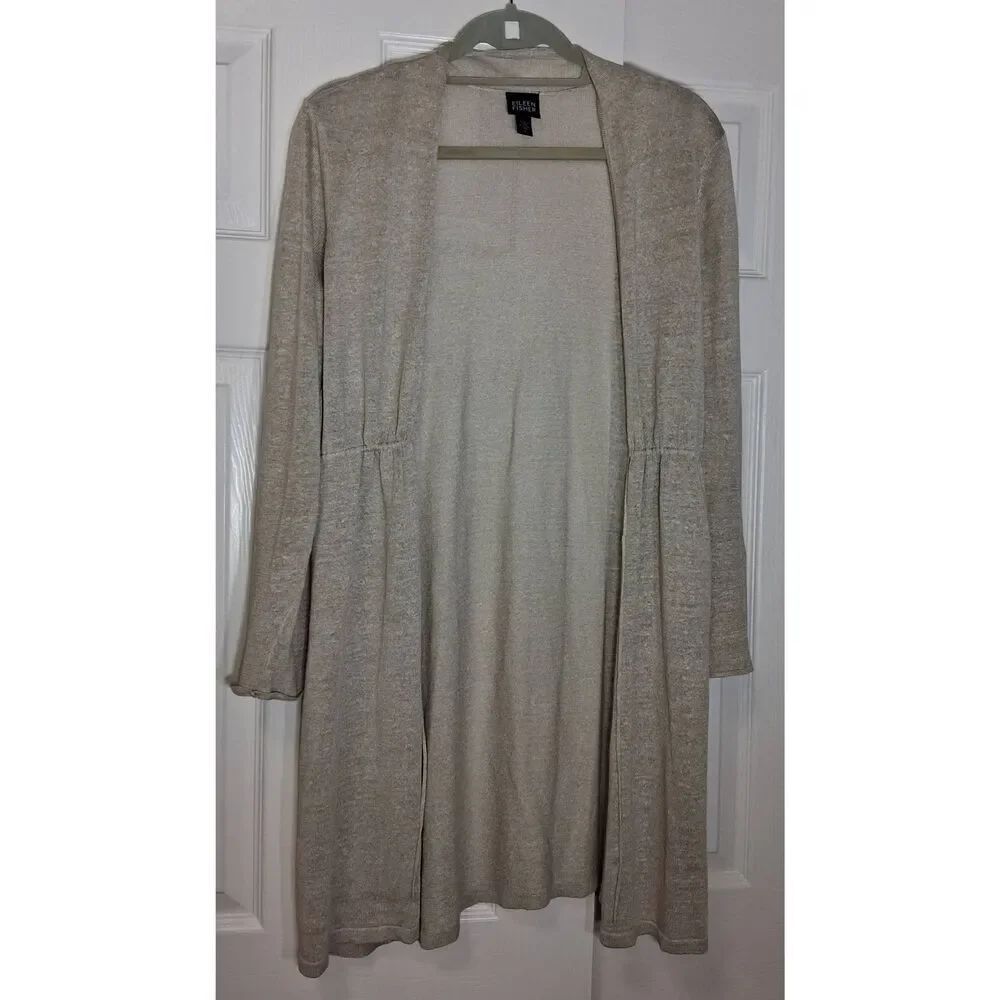 Eileen fisher womens small long cardigan silk linen oatmeal tan spring summer